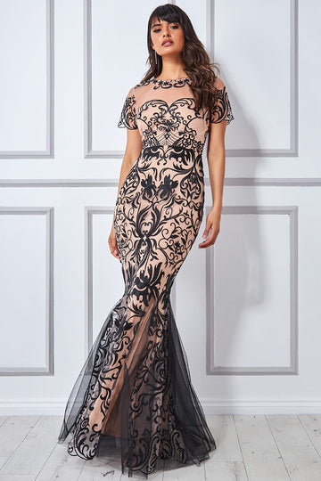 Embroidered Mesh & Lace Maxi with Scalloped Hem Goddiva